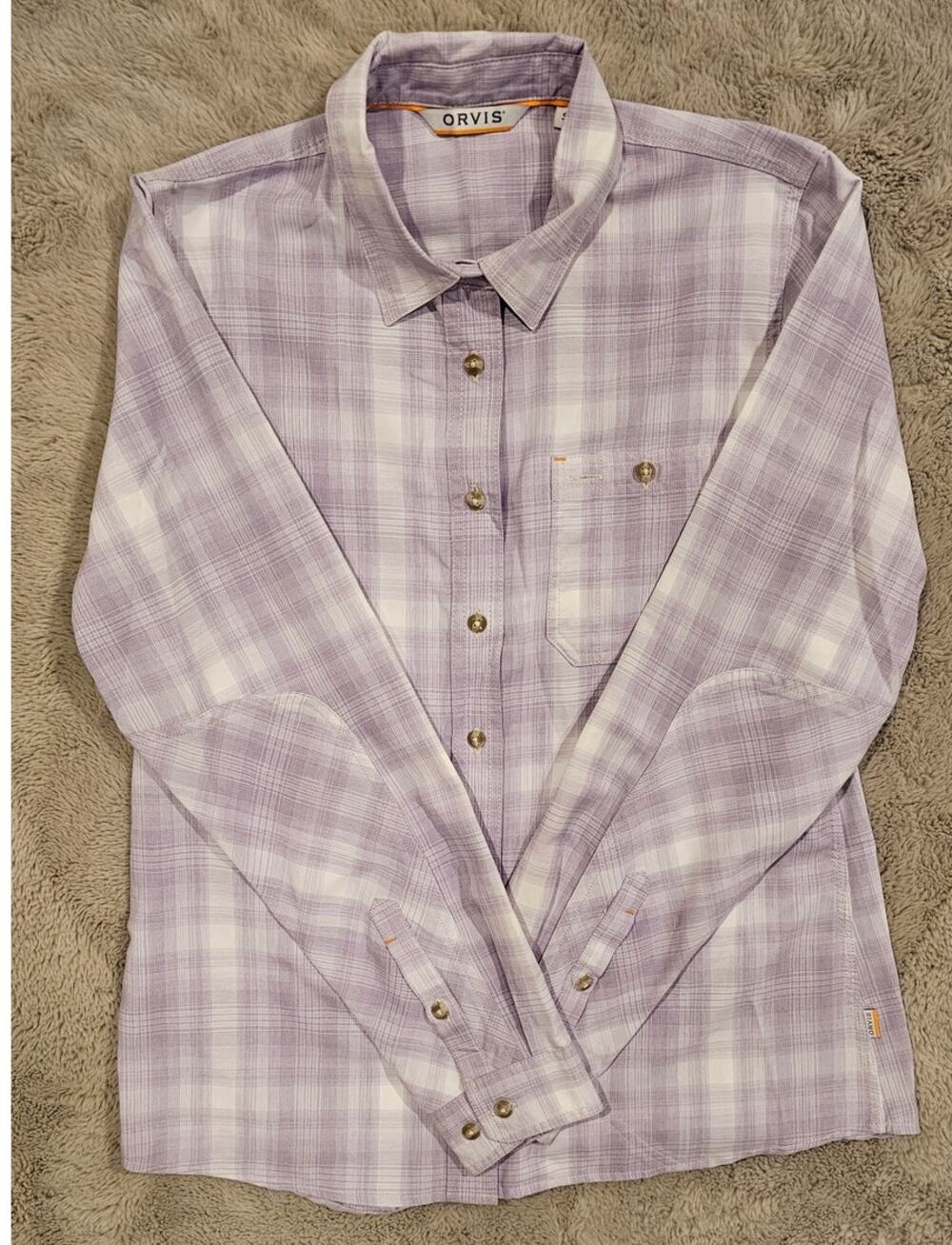 Orvis Button Up Blouse Purple White Plaid Gingham, Flat Creek, New Woman's Sz S